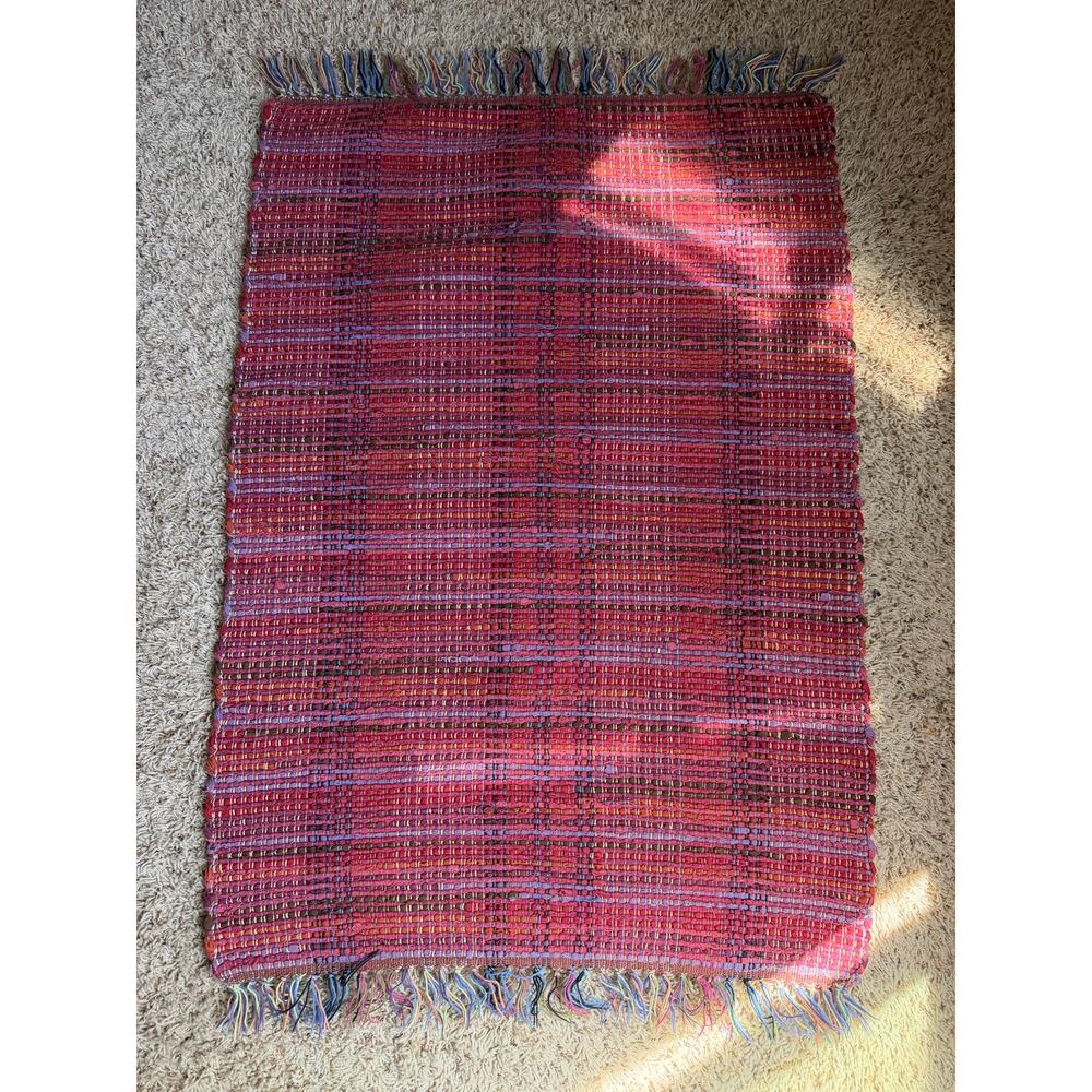 Handmade Woven Braided Chindi Rug Small 39x27 Red Tones Hippie Boho Multicolor